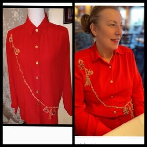 Vintage Red 100% Silk Embroidered Button Down Top Size Large▪